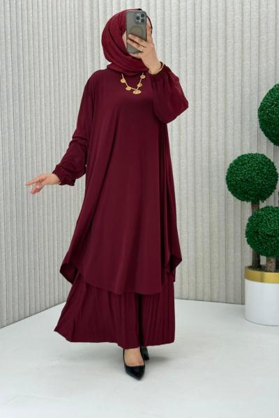 Suzan Piliseli Pantolonlu Takım Bordo