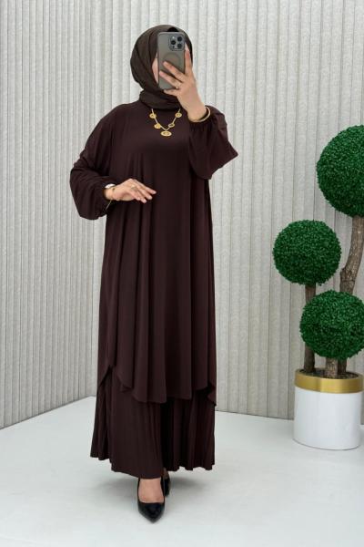 Suzan Piliseli Pantolonlu Takım Kahverengi