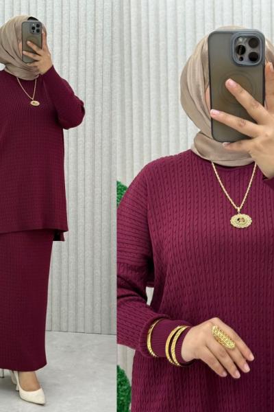 Songül Saç Örgülü Takım Bordo