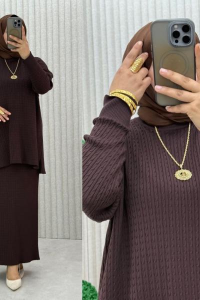 Songül Saç Örgülü Takım Kahverengi