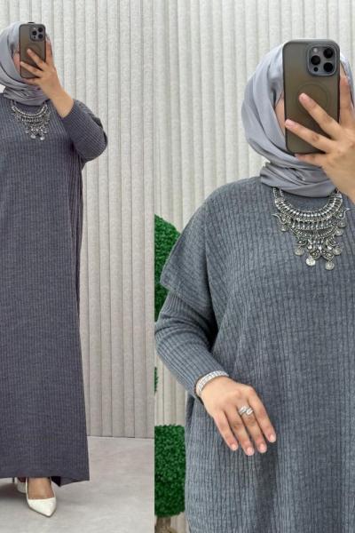 Piraye Triko Elbise  Gri