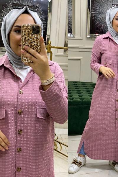 Tam Boy Gofre Gömlek Gül