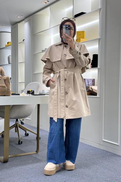 Seyyar Pelerinli Trençkot Bej