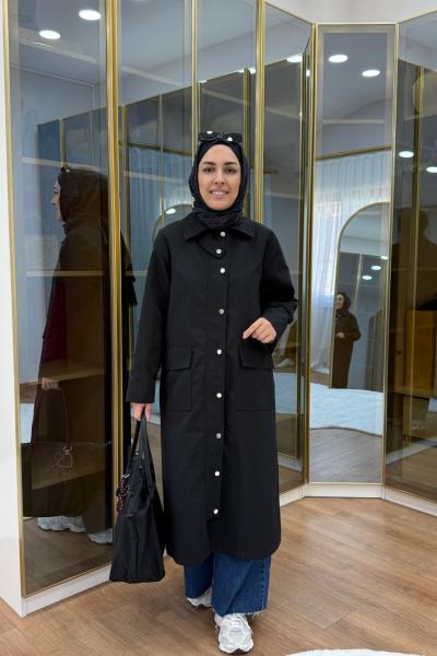 Çıtçıtlı Detaylı Parka Trençkot Siyah