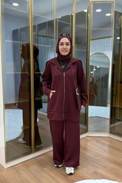 Taşlı Scuba Pantolon Takım Bordo