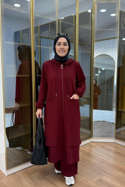 Aller Detaylı Kapüşonlu İkili Takım Bordo