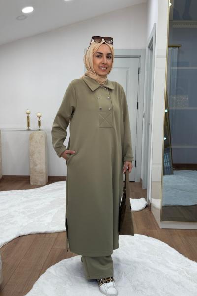 Çıtçıtlı Detaylı Maksi Boy Scuba Takım Haki