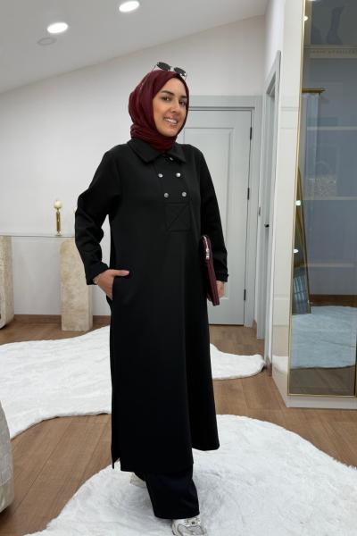 Çıtçıtlı Detaylı Maksi Boy Scuba Takım Siyah