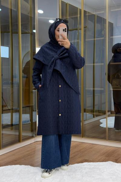 Şal Detaylı Kapitone Mont Lacivert