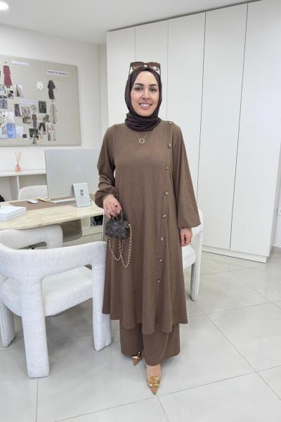 Çubuk Düğme Detaylı Takım Kahverengi