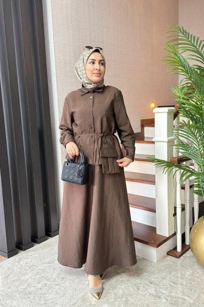 Cep Detaylı Cupra Etekli Takım Kahverengi