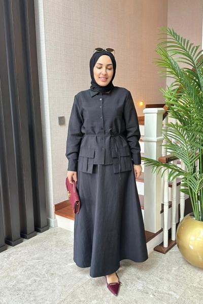 Cep Detaylı Cupra Etekli Takım Siyah