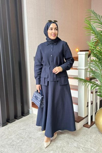 Cep Detaylı Cupra Etekli Takım Lacivert