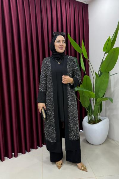 Payetli Hırkalı Takım Siyah