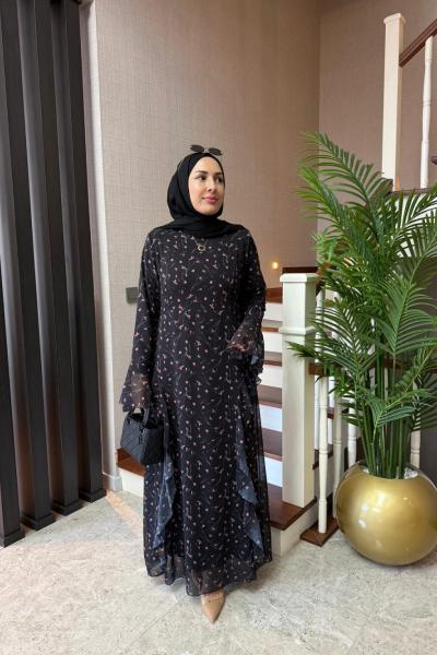 Desenli Fırfırlı Şifon Elbise Siyah