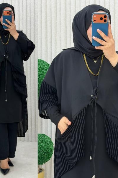 Kadife şerit detaylı yelek Siyah